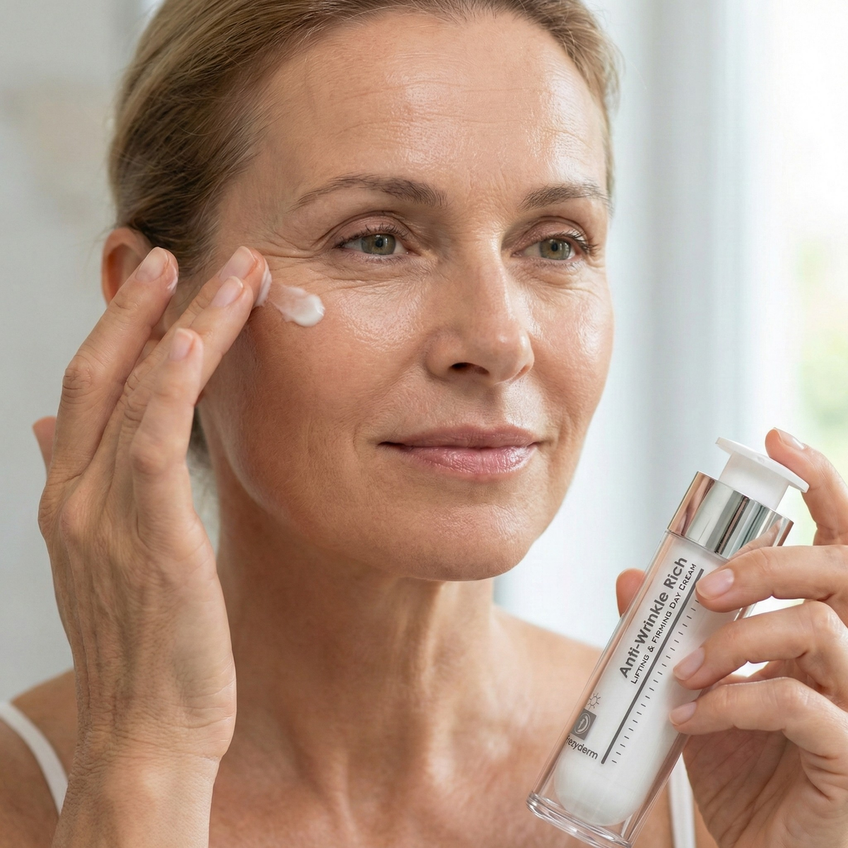 Woman applying FREZYDERM Anti-Wrinkle Rich Day Cream