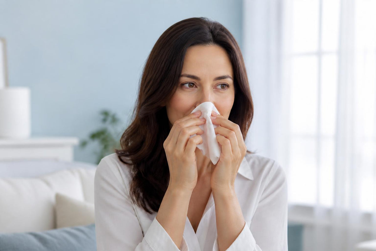 Woman holding a tissue near her nose
