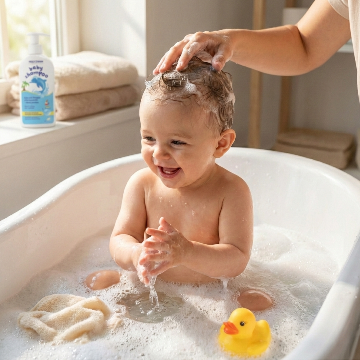 Baby having hair washed with FREZYDERM Baby Shampoo