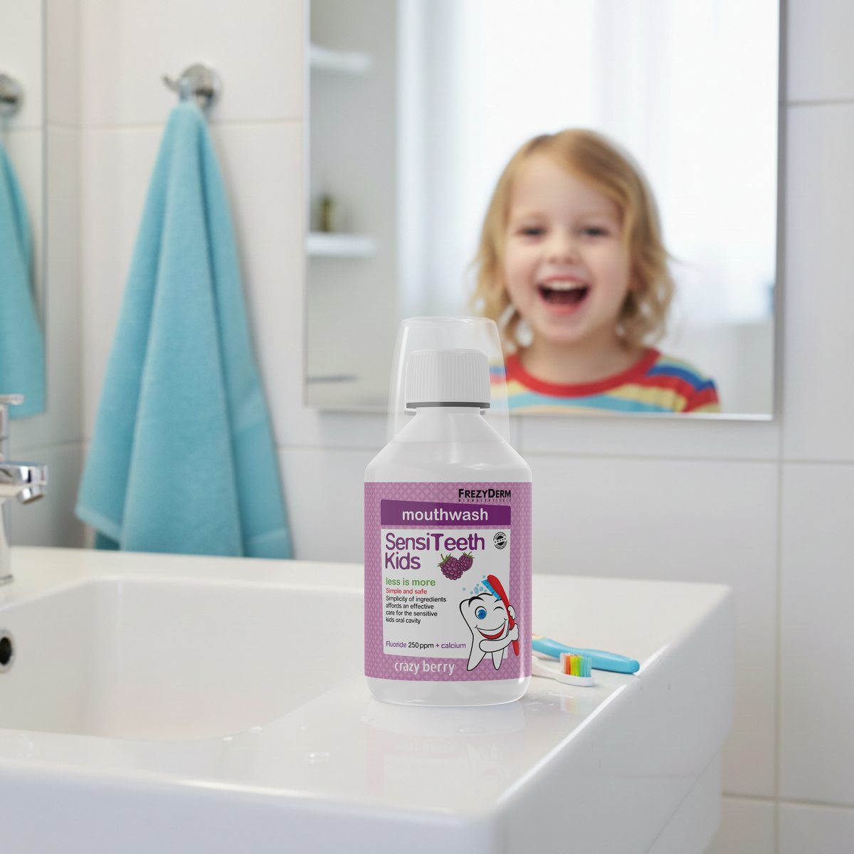 Child brushing teeth with FREZYDERM Sensiteeth Kids Mouthwash nearby