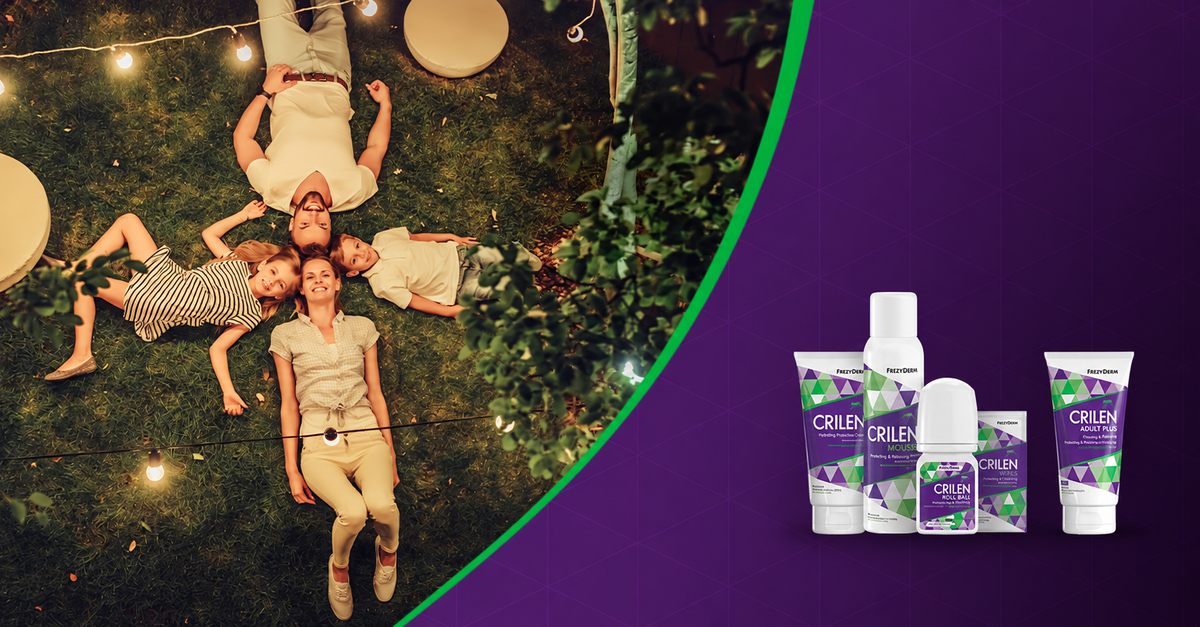 Family relaxing outdoors with FREZYDERM Crilen products