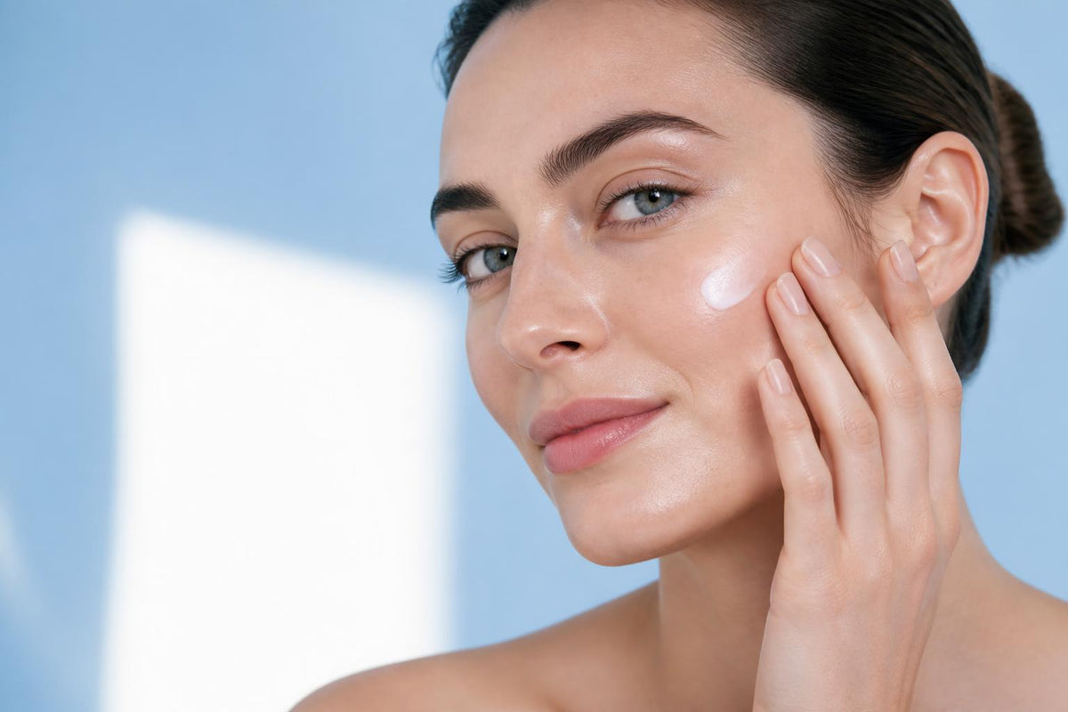 Woman gently applying moisturiser to her cheek