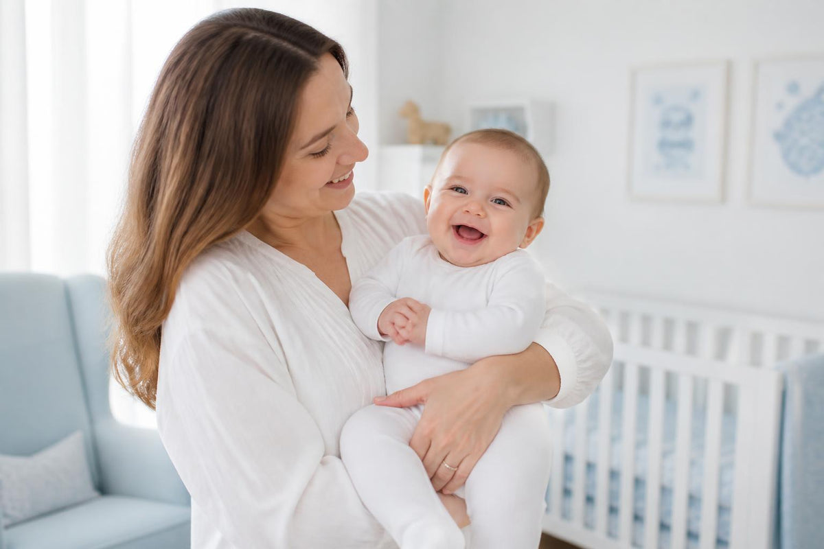 Parent holding a smiling baby in a white cotton outfit