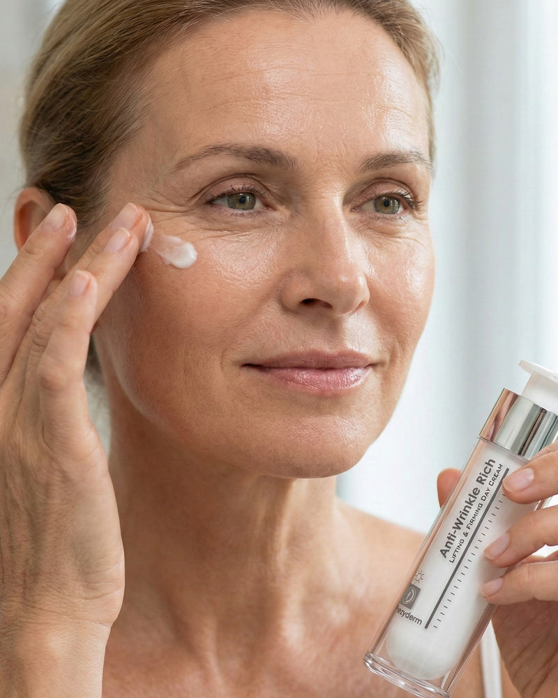 Woman applying FREZYDERM facial cream as part of her skincare routine